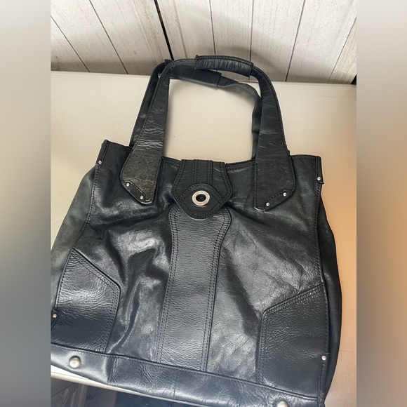 PERLINA Large Black Soft Leather Suede Tote Satchel Purse Bag Top Handle - Picture 1 of 10